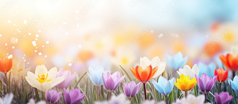 Poster blurred background of vibrant spring flowers with copy space image.
