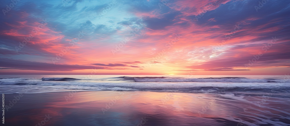 Poster scenic beach sunset reflecting in the ocean with a bright and vibrant sky, providing a beautiful vie