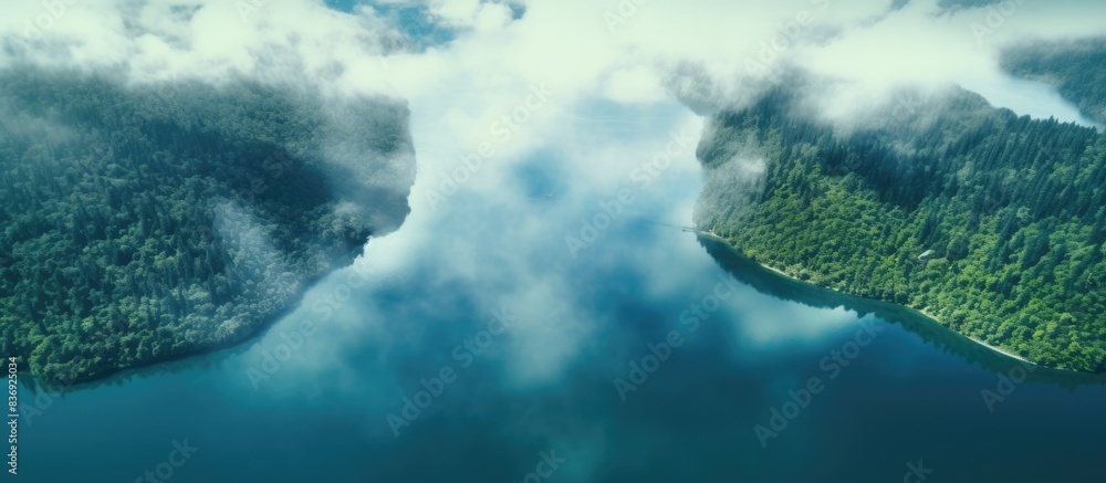 Poster a drone aircraft captured an aerial view of the lake, providing a copy space image.