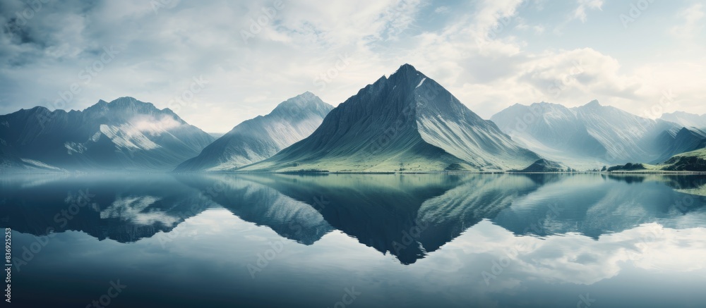 Poster Scenic view of a mountain alongside a tranquil lake with clouds reflecting in the water, perfect for a copy space image.
