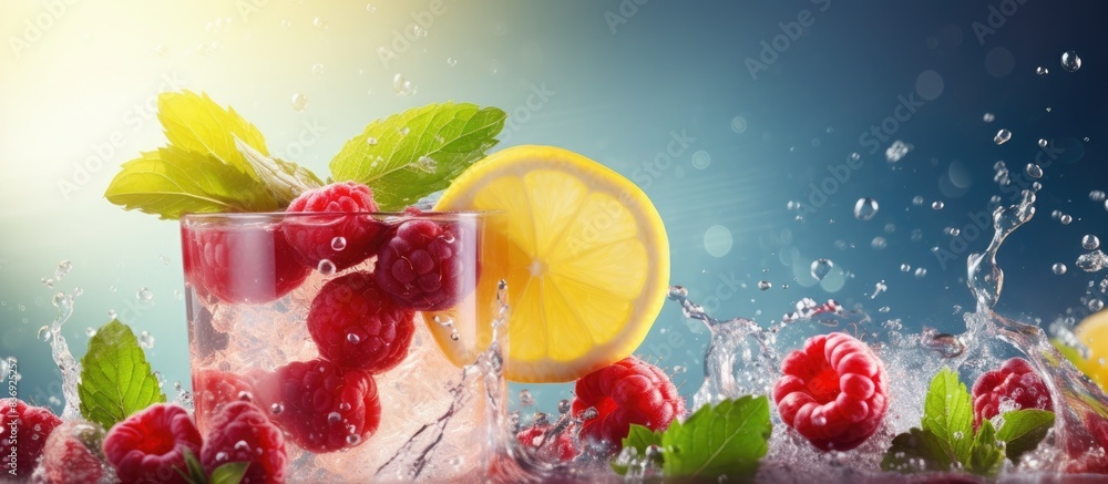 Poster refreshing cold cocktail with berries and lemon, offering a bright, colorful mix perfect for spring 