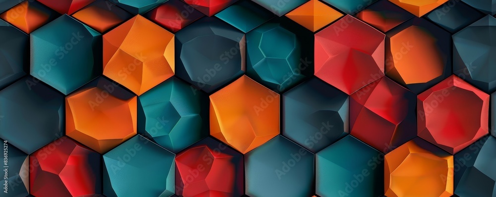 Poster vibrant hexagonal pattern in blue, red, and orange tones, creating a modern and dynamic geometric ab