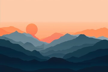 Obraz premium Stunning abstract landscape of mountains at sunset with a colorful sky and sun setting behind the peaks.