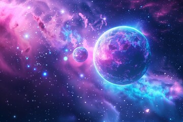 Fototapeta premium Stunning cosmic scene featuring vibrant galaxies and planets with glowing purple and blue hues capturing the beauty of the universe.