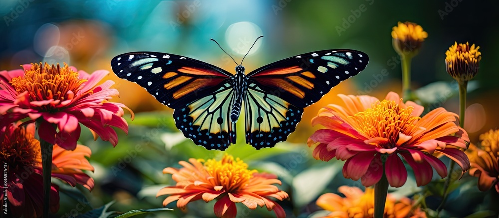 Poster Large butterfly fluttering in a colorful garden with ample copy space image.