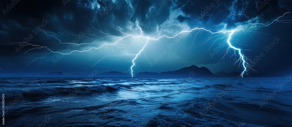 Aufkleber powerful lightning bolts striking the ocean with a dramatic effect in a copy space image.