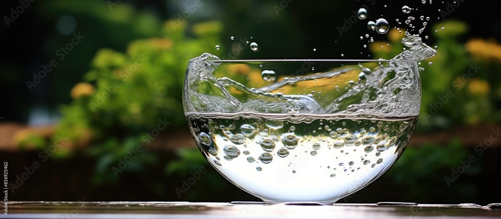 Aufkleber adding pure water into a glass creates a beautiful image of water bubbles, set against a natural bac