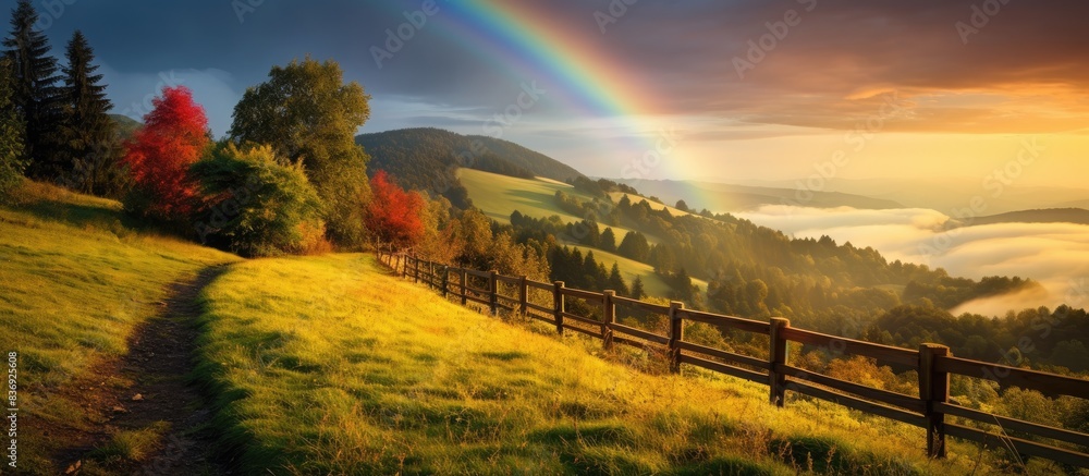 Poster autumn scenery with a fence by a meadow path on a hillside, a misty forest on a sunset-lit mountain 