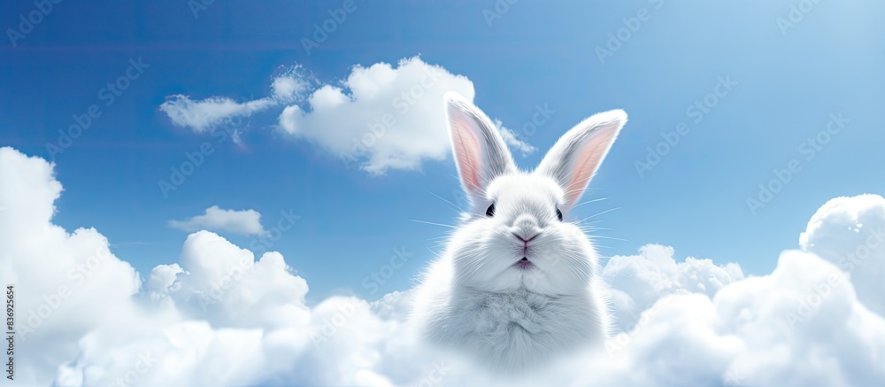 Poster Fluffy white clouds resembling a rabbit on a clear blue sky backdrop with copy space image.