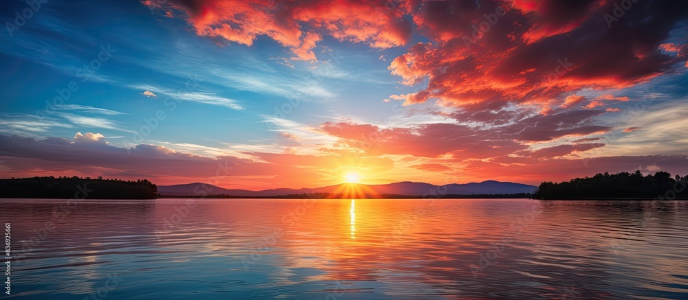Wall mural a serene sunset over a tranquil lake with vibrant hues in the sky, captured in a high-quality copy s - Wall murals