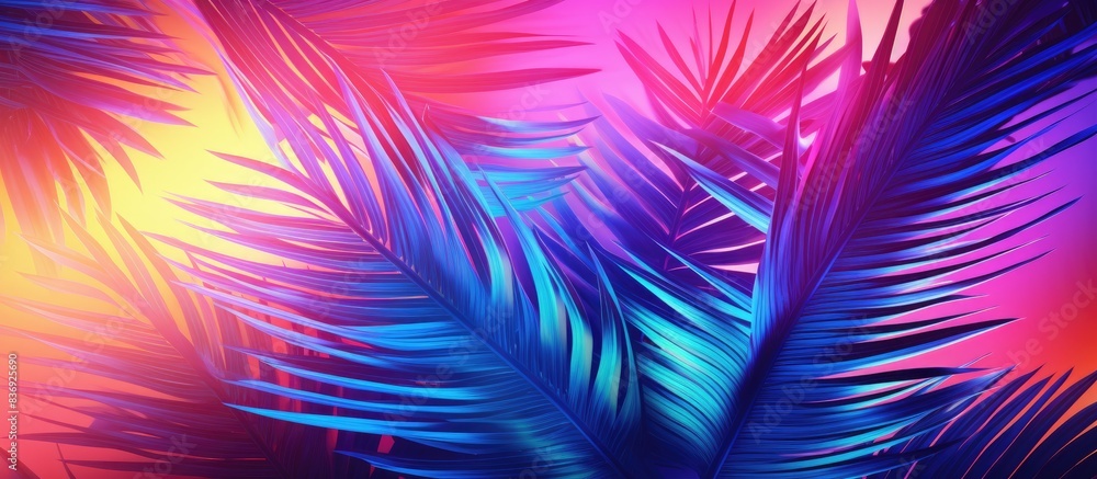 Poster concept art featuring vibrant bold gradient holographic neon-colored tropical and palm leaves, creat