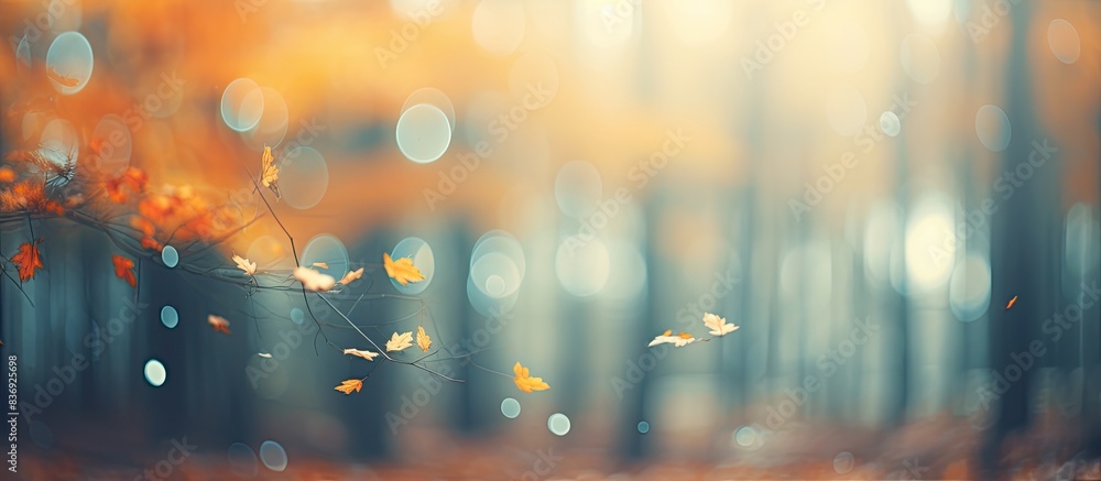 Poster blurred forest background with autumnal hues and copy space image for a natural and serene backdrop.