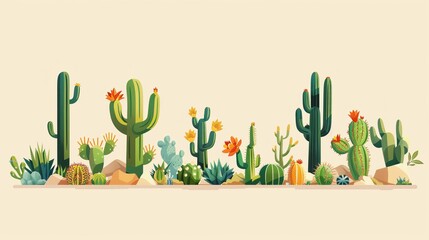 illustration of various cactus plants in a minimalist design. Perfect for nature-themed graphics or digital artwork.