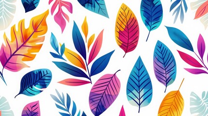 Obraz premium Vibrant abstract leaf pattern in various colors, creating an eye-catching botanical design perfect for arts, prints, and backgrounds.