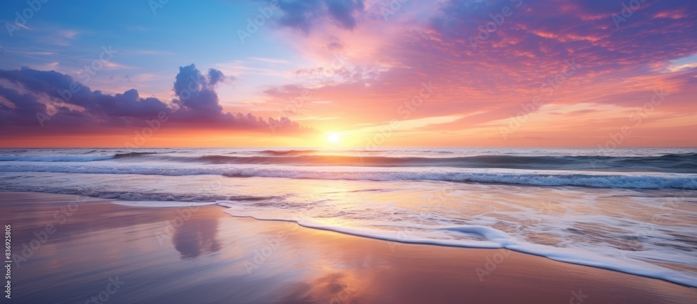 Poster scenic beach sunset reflecting in the ocean with a bright and vibrant sky, providing a beautiful vie