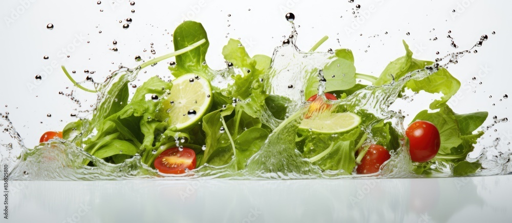 Poster fresh butterhead salad on a white surface with drops of water, creating a food background. the green