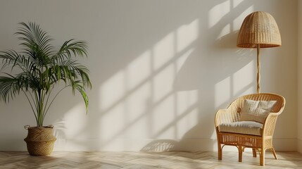 A rattan armchair and floor lamp near a white wall.