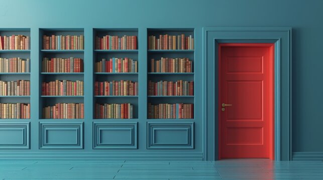 Vibrant blue library wall with shelves full of books and a striking red door providing a bold contrast in a modern interior design.