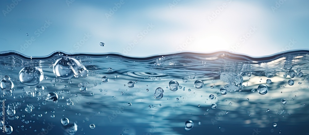 Poster close-up view of a serene water surface with bubbles and splashes creating a trendy abstract nature 