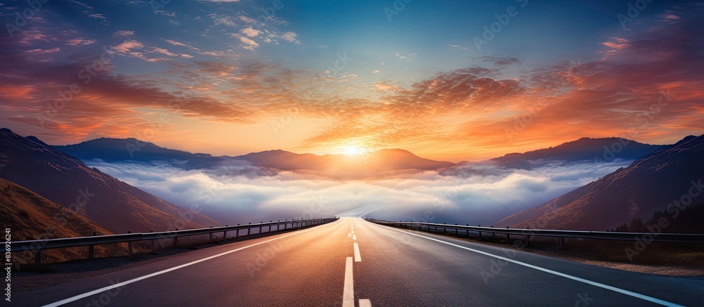 Poster sunrise illuminates a deserted road with mountains in the background, creating a picturesque scene p