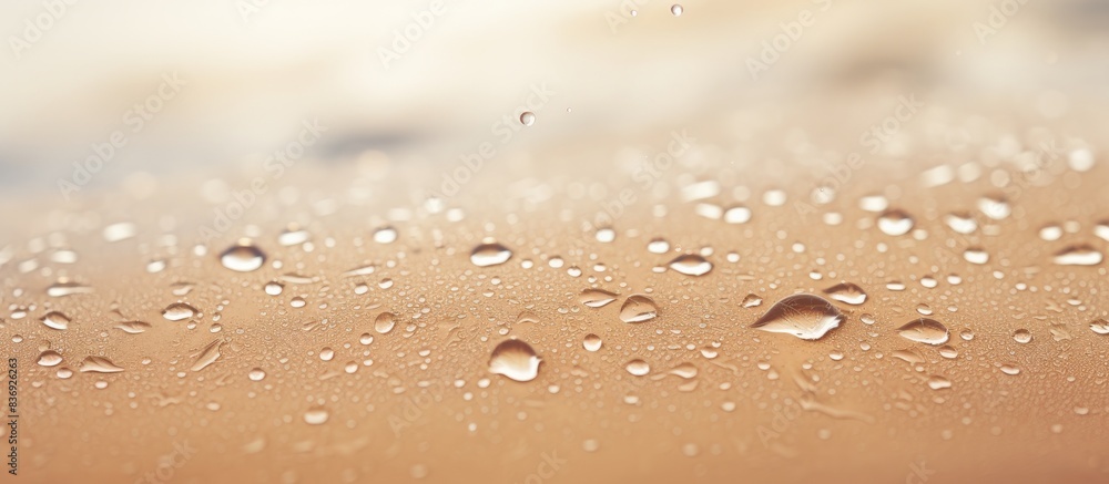 Poster close-up of water drops on the beach, highlighting the texture of sand in a copy space image.