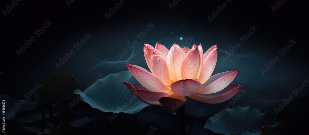 Poster Capture the serene beauty of a lotus flower against a dark background in a photo with instant styling suitable for a copy space image.