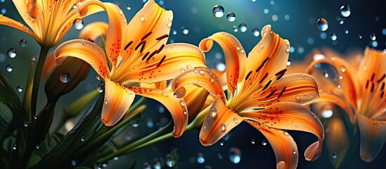 Luminous orange lilies adorned with glistening summer dew, capturing a tranquil beauty.