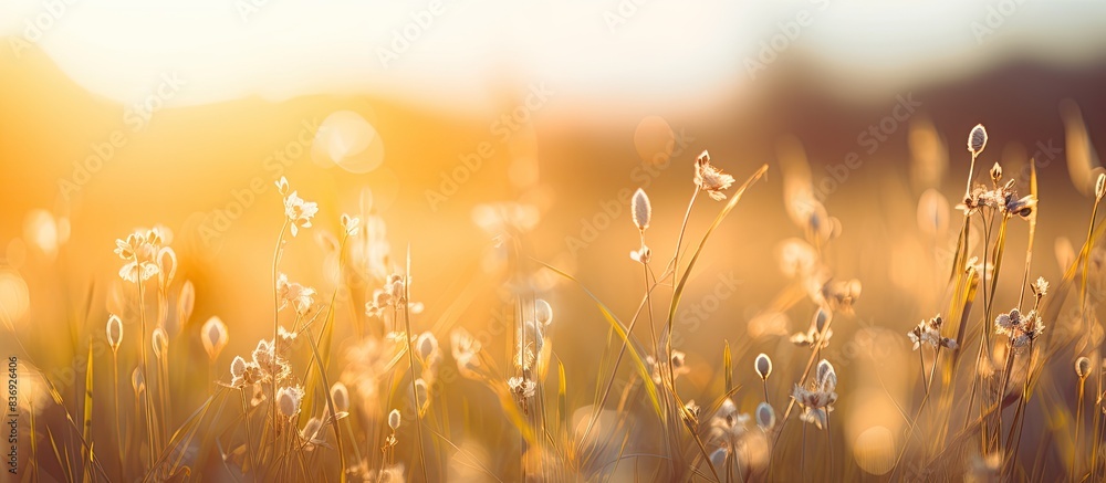 Poster Spring plants and spikes in a field, with the sun reflecting, creating a sunset backdrop with bokeh blur, ideal for a copy space image.