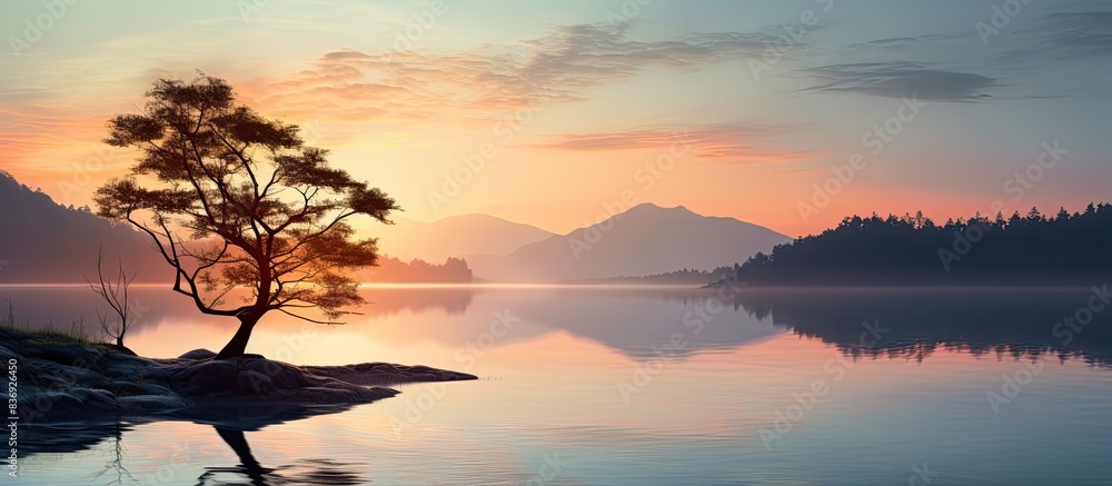Poster nature's silhouette at sunrise over a serene lake, providing a picturesque setting with a stunning f