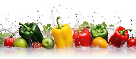 Fresh vegetables like tomatoes, sweet peppers, chili peppers, eggplants, and zucchinis with water droplets and dew on a white background in a close-up isolated copy space image.