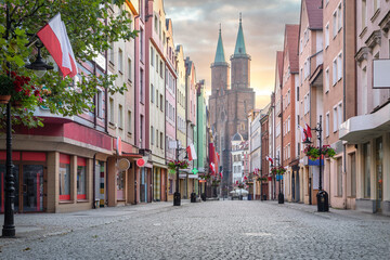 Legnica, Poland. View of pedestrian shopping street in the center of the old town
