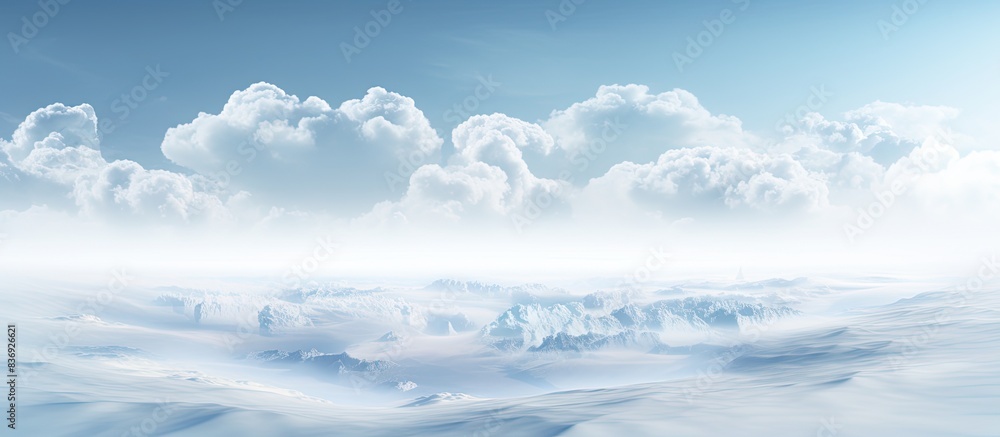 Poster clouds drift across a serene sky with a map of the world in a white artistic style, providing a tran