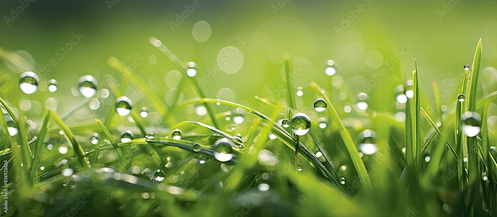 Aufkleber Dew droplets form on grass by a lakeshore creating a close-up copy space image.