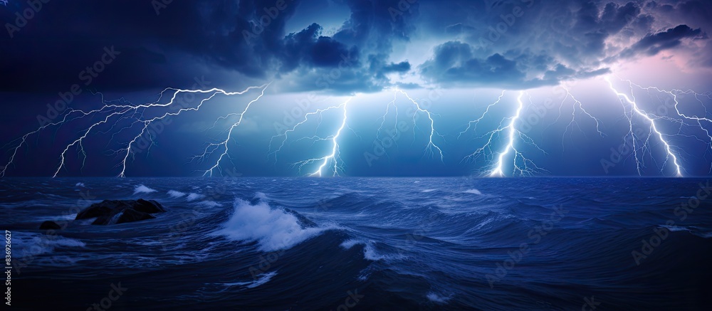 Aufkleber powerful lightning bolts striking the ocean with a dramatic effect in a copy space image.