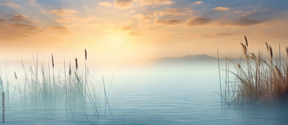 Poster Spring or early summer morning with a cloudy sky background, fog over the water, reed grass with dew in the foreground, and a water reflection create a serene landscape with a copy space image.