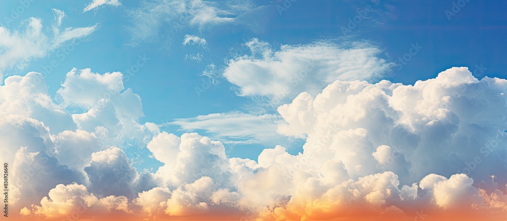 Poster Summer sky with fluffy clouds in shades of orange and blue, ideal for displaying copy space image.