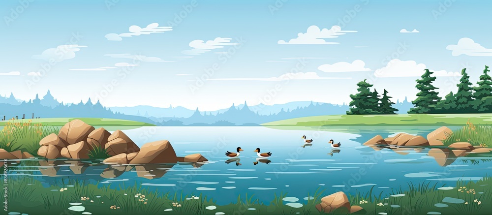 Poster ducks swimming on the water near the river bank with a lake and coast in the distance create a peace