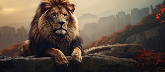 A male lion is sitting on the rock,staring around for all his land .