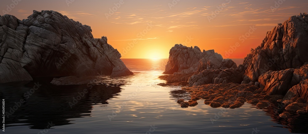 Poster a picturesque sunset casting warm hues over a striking rock formation reflected in the water, creati