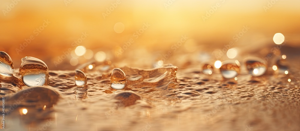 Poster close-up of water drops on the beach, highlighting the texture of sand in a copy space image.