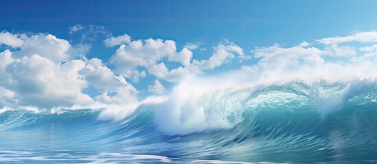 Fototapeta premium Natural background with a scenic ocean wave, clear blue sky, and fluffy white clouds, perfect for copy space image.