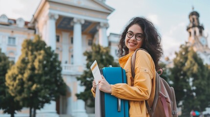 A university student stands outside with backpack and books in hand, looking excited about their study abroad journey. The smiling student is ready for adventure, with a campus building