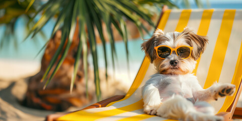 Cute adorable sunglasses dog relaxing on yellow striped summer holiday travel beach chair vacation...