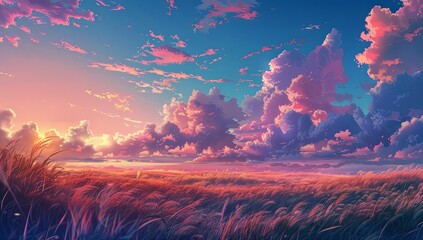 Anime Style: Sunset Sky with Clear Blue Tones, Panoramic Grassland View