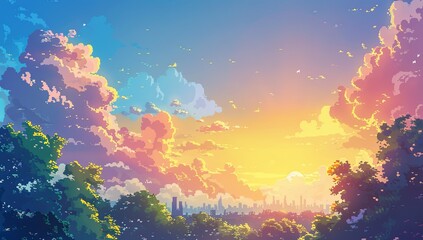 Anime Style: Sunset Sky Reflections in Vast Seascape, Vibrant Colors and Cartoon Aesthetics