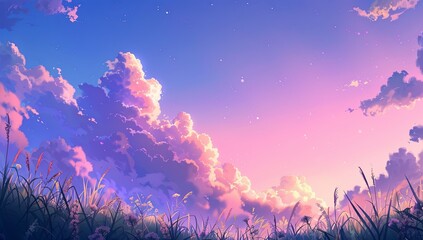 Anime Style: Vibrant Sunset Landscape with Pink and Purple Sky, Tall Grass, and Distant Mountains