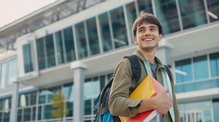 A university student stands outside with backpack and books in hand, looking excited about their study abroad journey. The smiling student is ready for adventure, with a campus building