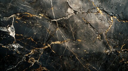 Close-up shot of a weathered, cracked marble surface, with veins of gold and silver contrasting the worn texture.