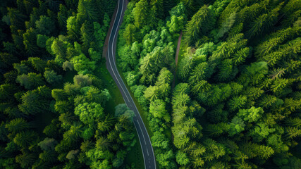 Aerial view of a winding road through a dense forest, symbolizing the journey and adventure in life. A drone shot