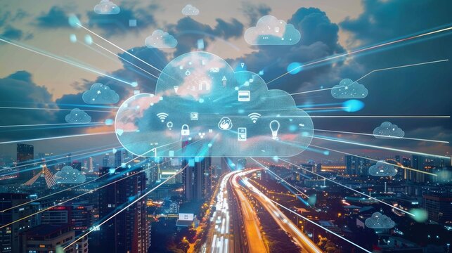 Cloud computing concept. Smart city. Communication network with cloud logistics transportation